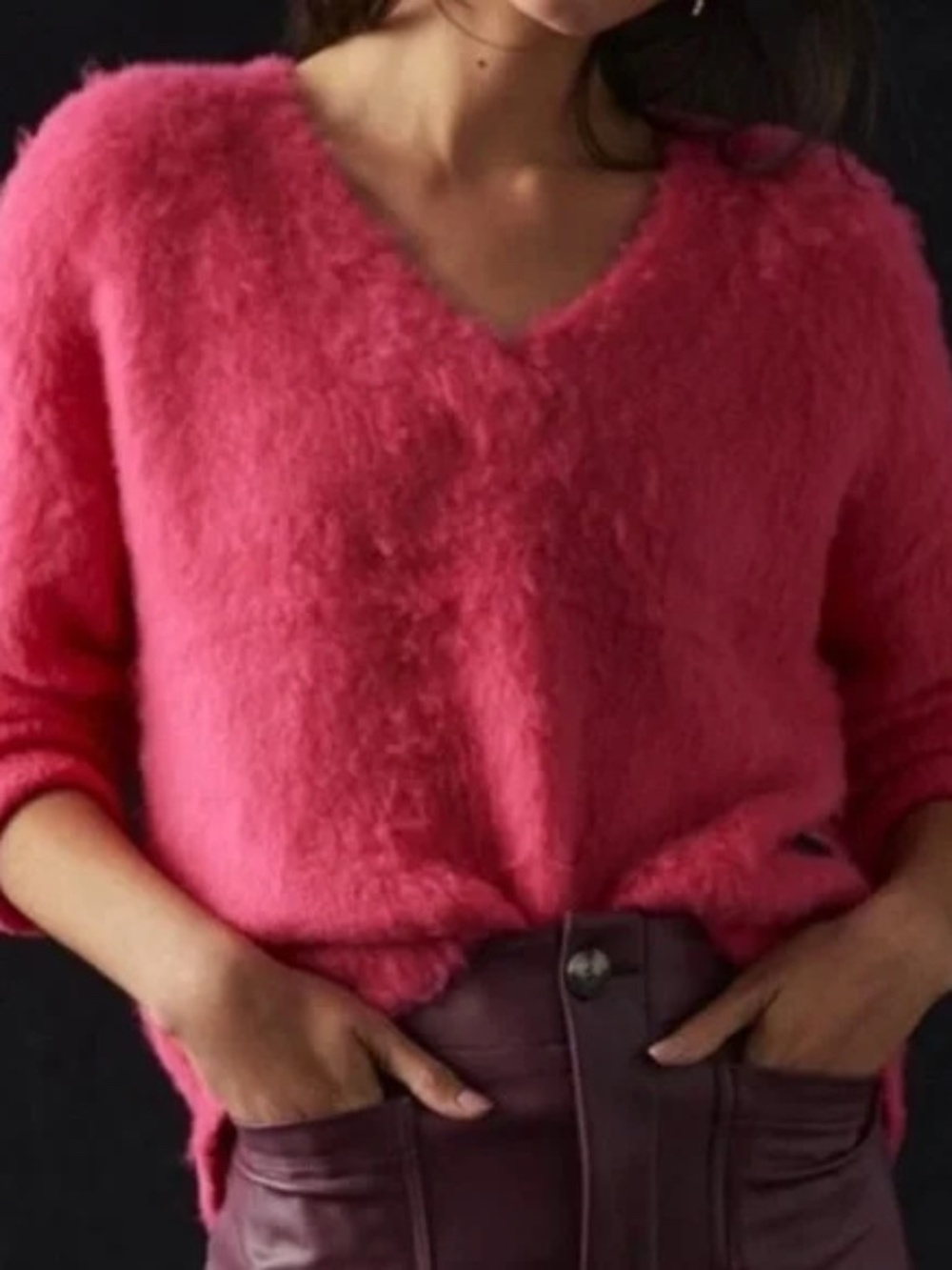 Anthropologie Maeve Womens Plush Pink Oversize Sweater Large Wool Vneck